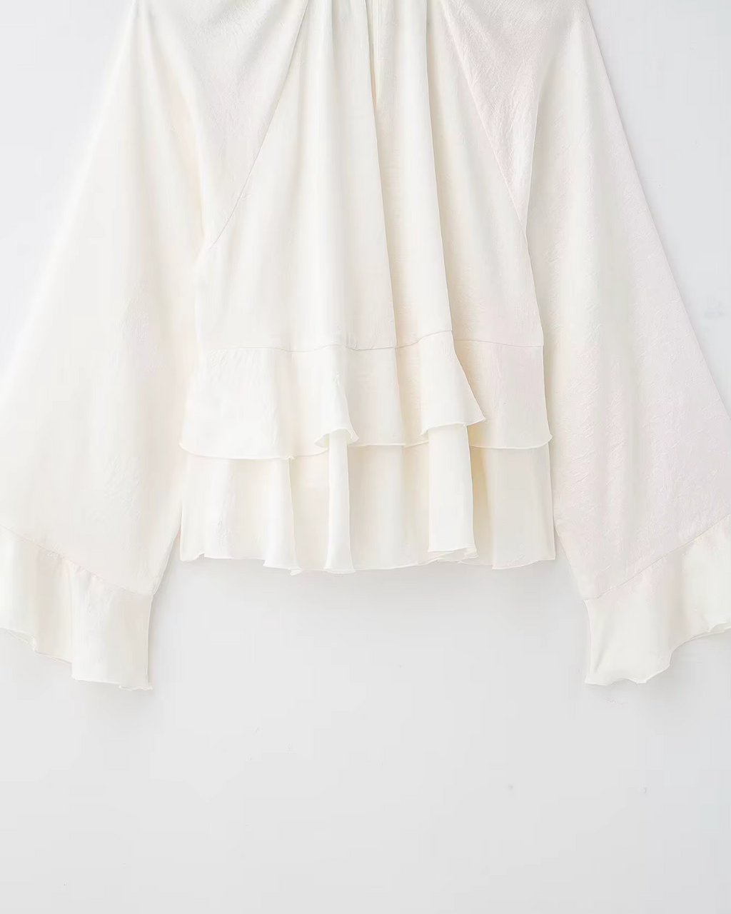 High-Neck Ruffled Chiffon Blouse in Creamy Off-White