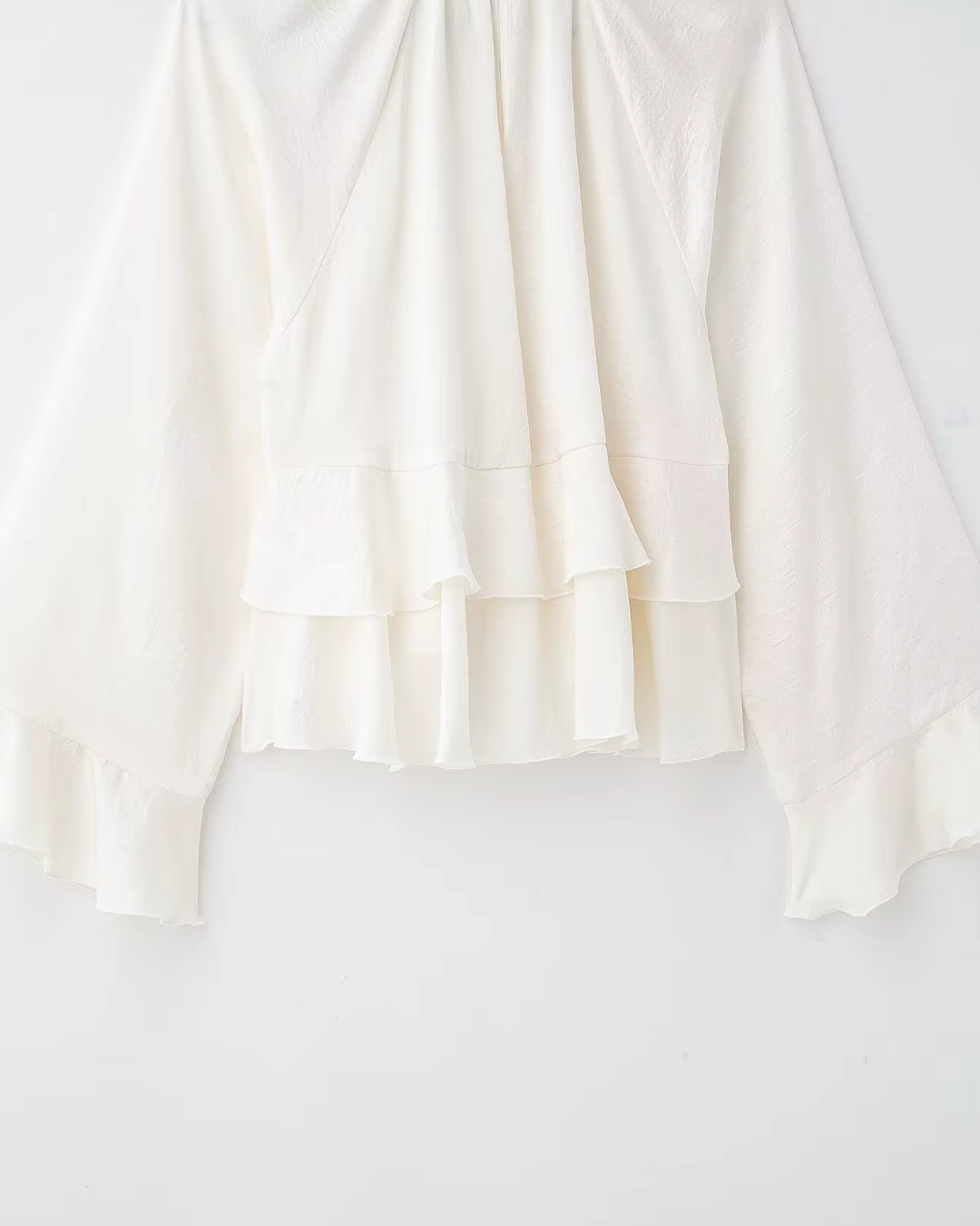 High-Neck Ruffled Chiffon Blouse in Creamy Off-White