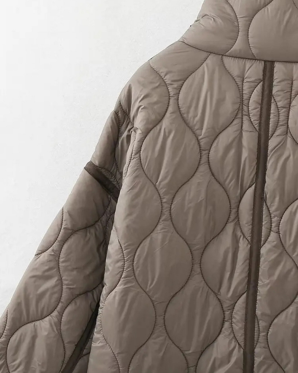 Quilted High-Neck Puffer Jacket with Drawstring in Taupe