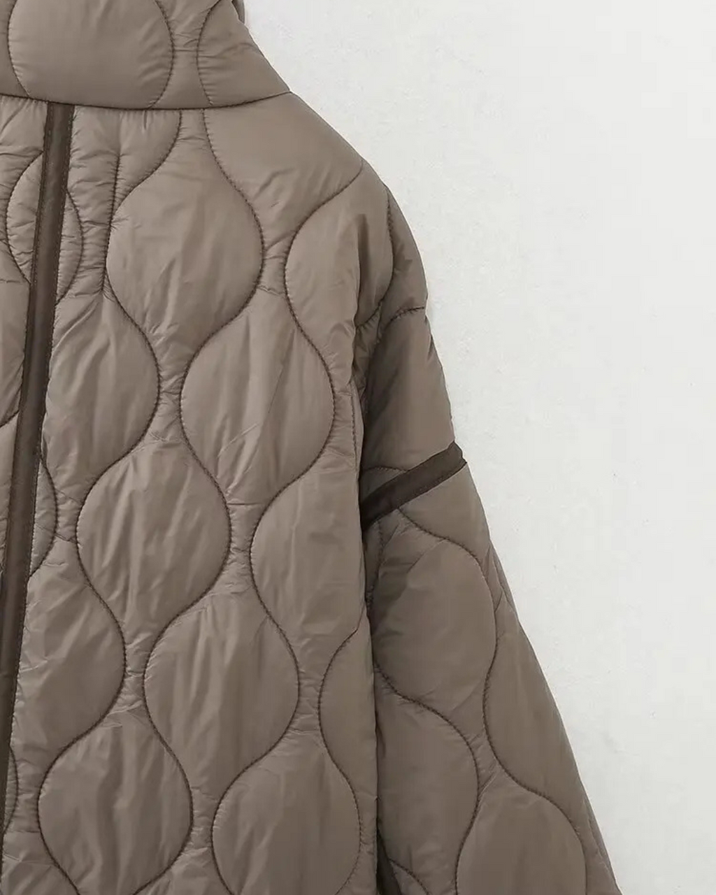 Quilted High-Neck Puffer Jacket with Drawstring in Taupe