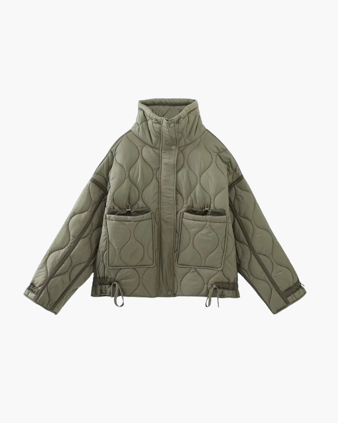 Quilted High-Neck Puffer Jacket with Drawstring in Taupe