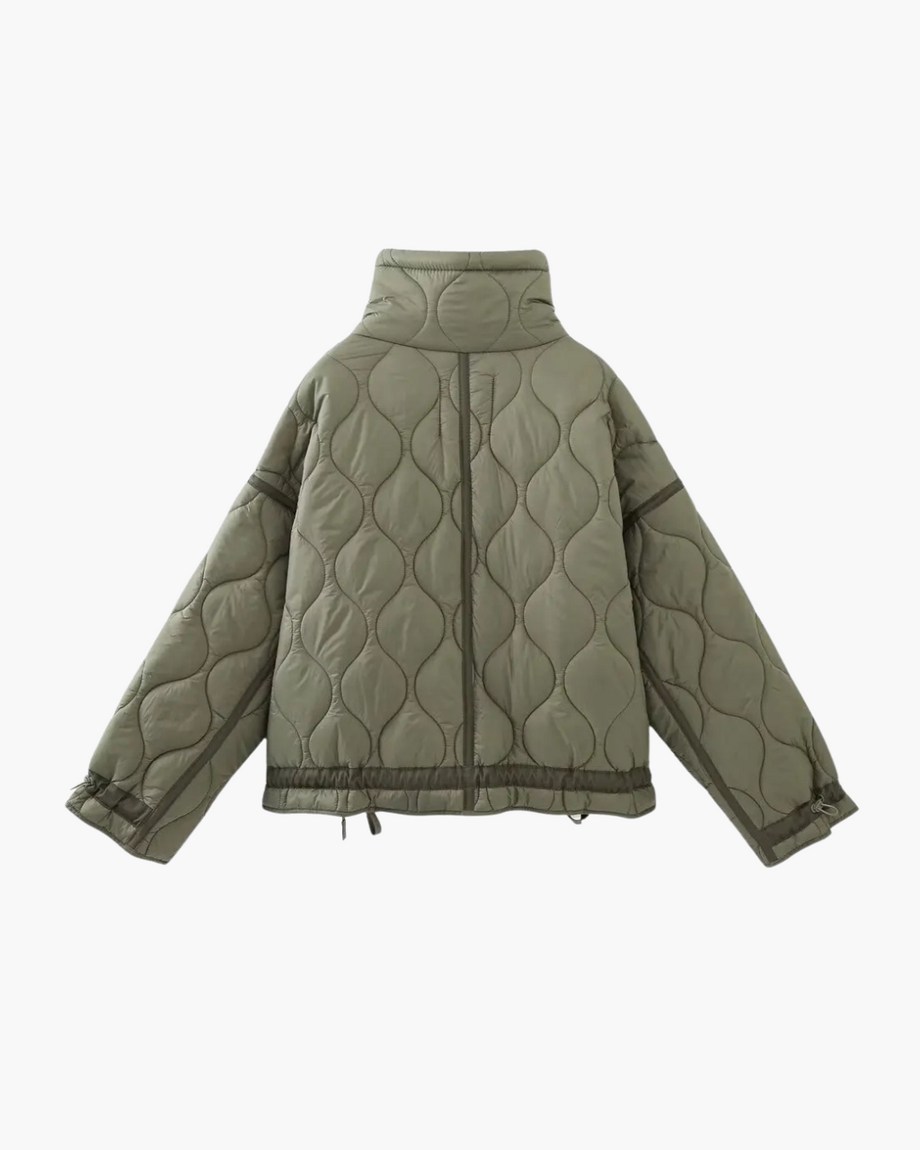 Quilted High-Neck Puffer Jacket with Drawstring in Taupe