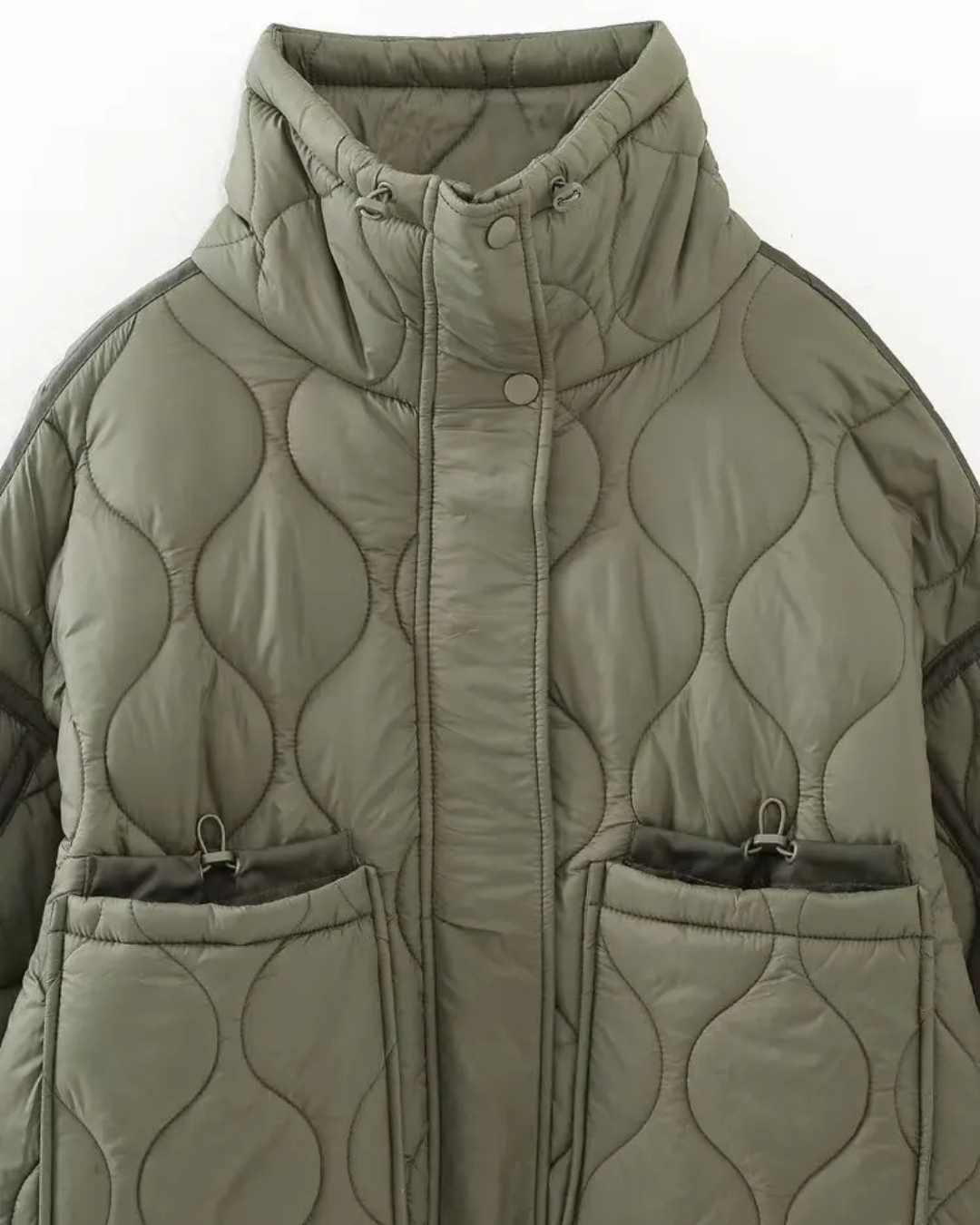 Quilted High-Neck Puffer Jacket with Drawstring in Taupe