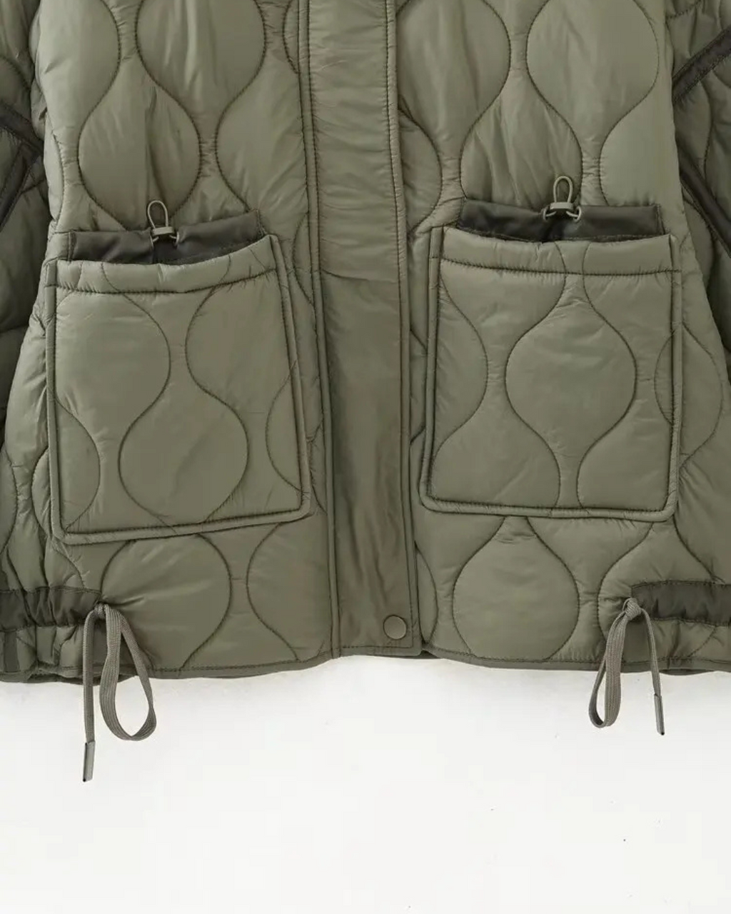 Quilted High-Neck Puffer Jacket with Drawstring in Taupe