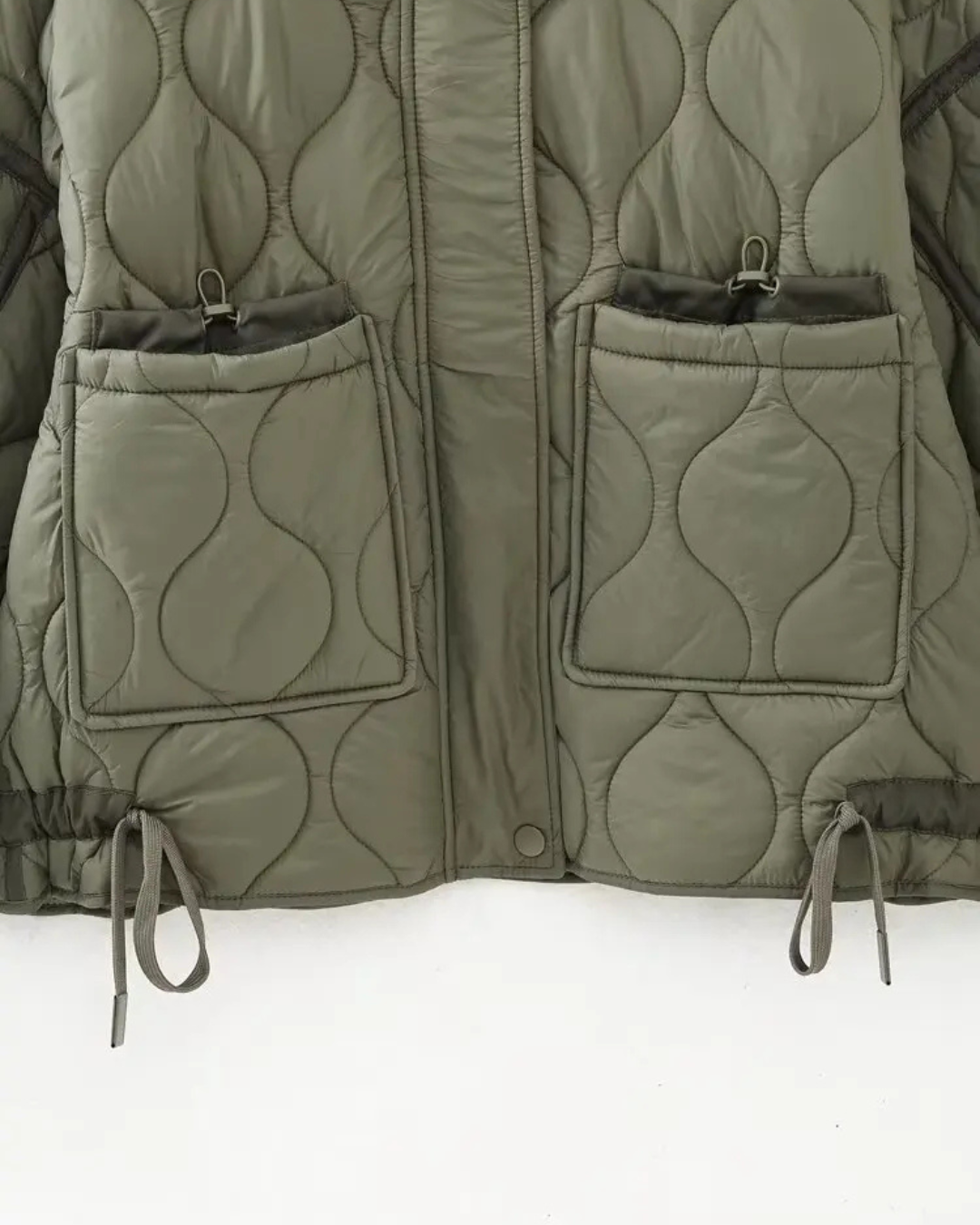 Quilted High-Neck Puffer Jacket with Drawstring in Taupe
