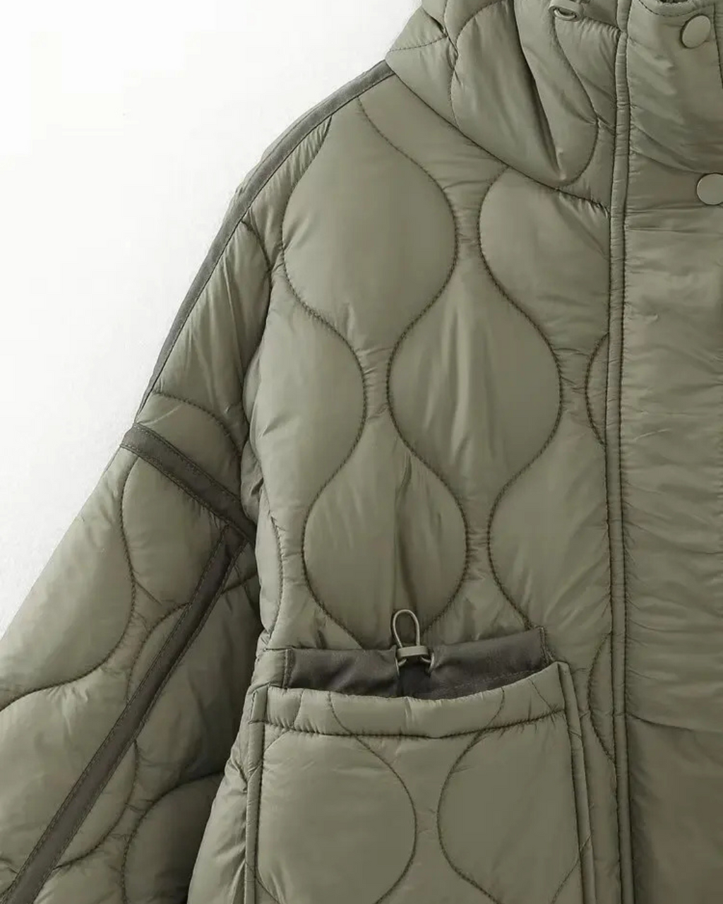 Quilted High-Neck Puffer Jacket with Drawstring in Taupe