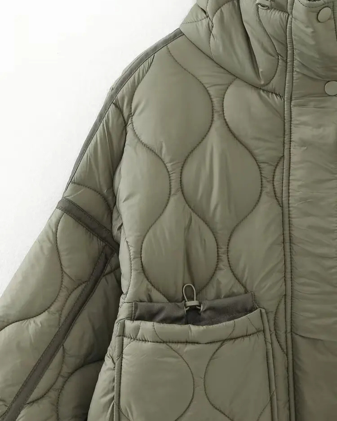 Quilted High-Neck Puffer Jacket with Drawstring in Taupe