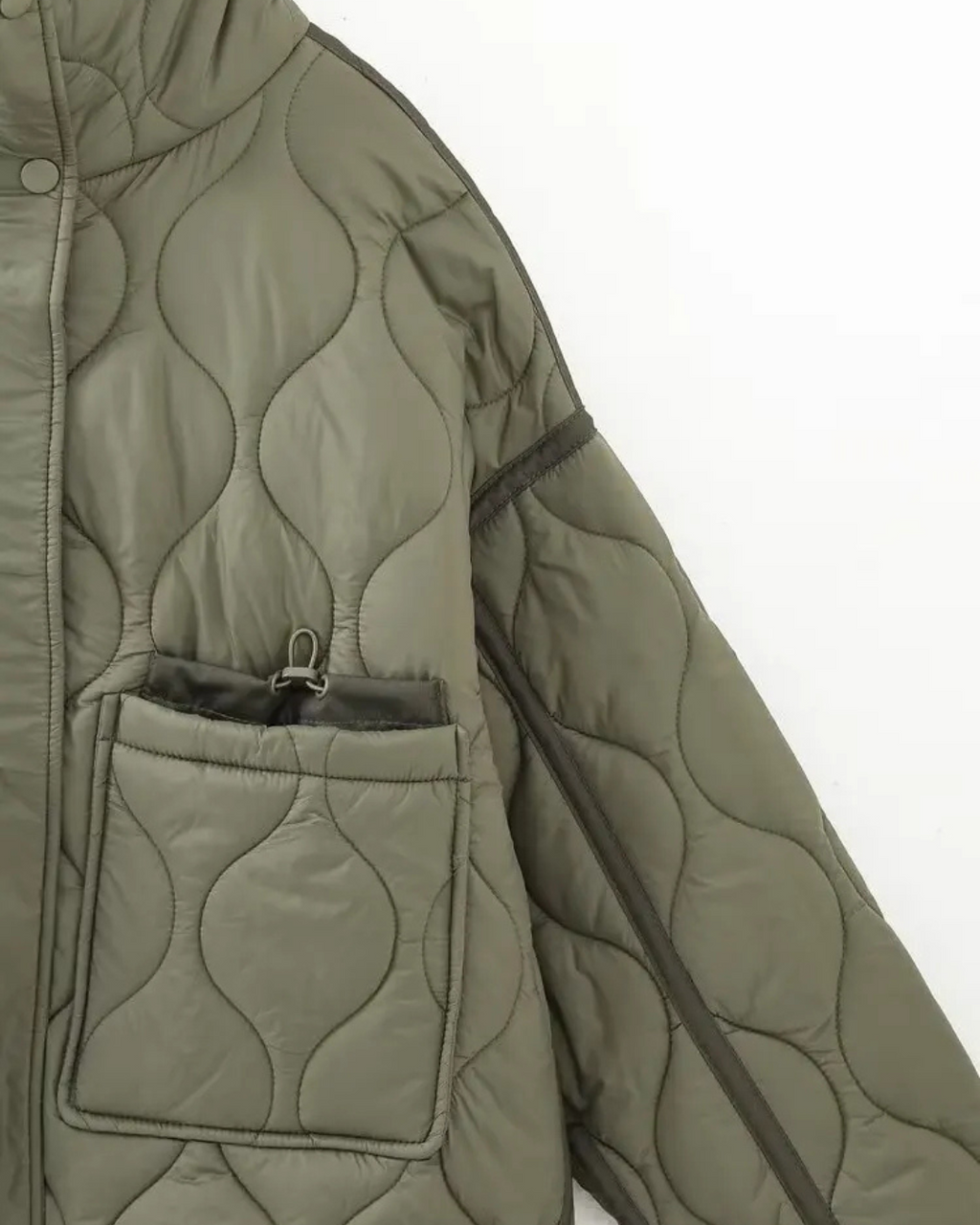 Quilted High-Neck Puffer Jacket with Drawstring in Taupe