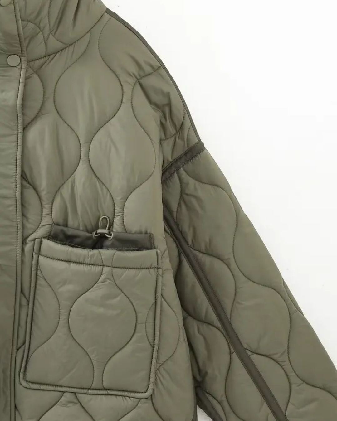Quilted High-Neck Puffer Jacket with Drawstring in Taupe