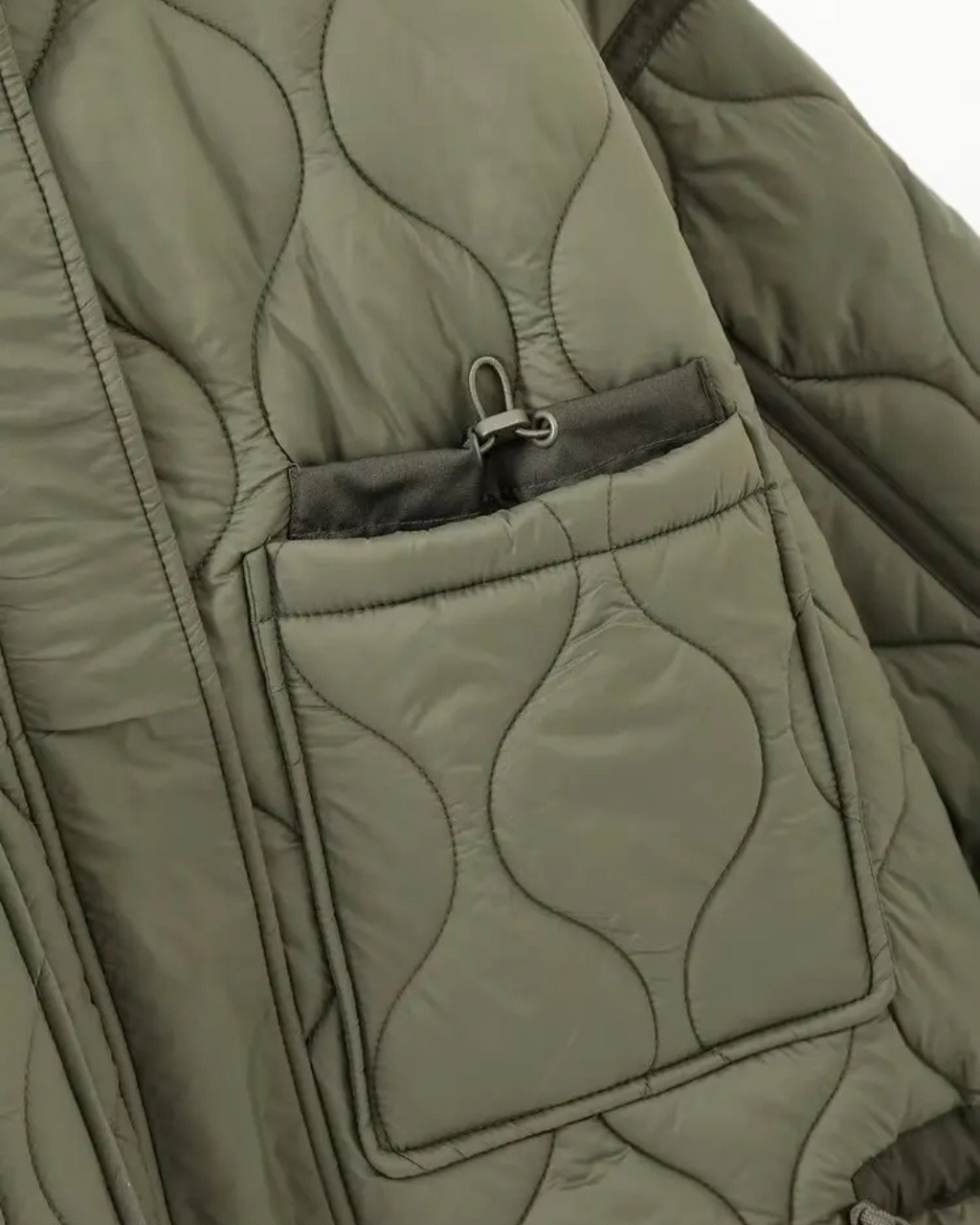 Quilted High-Neck Puffer Jacket with Drawstring in Taupe