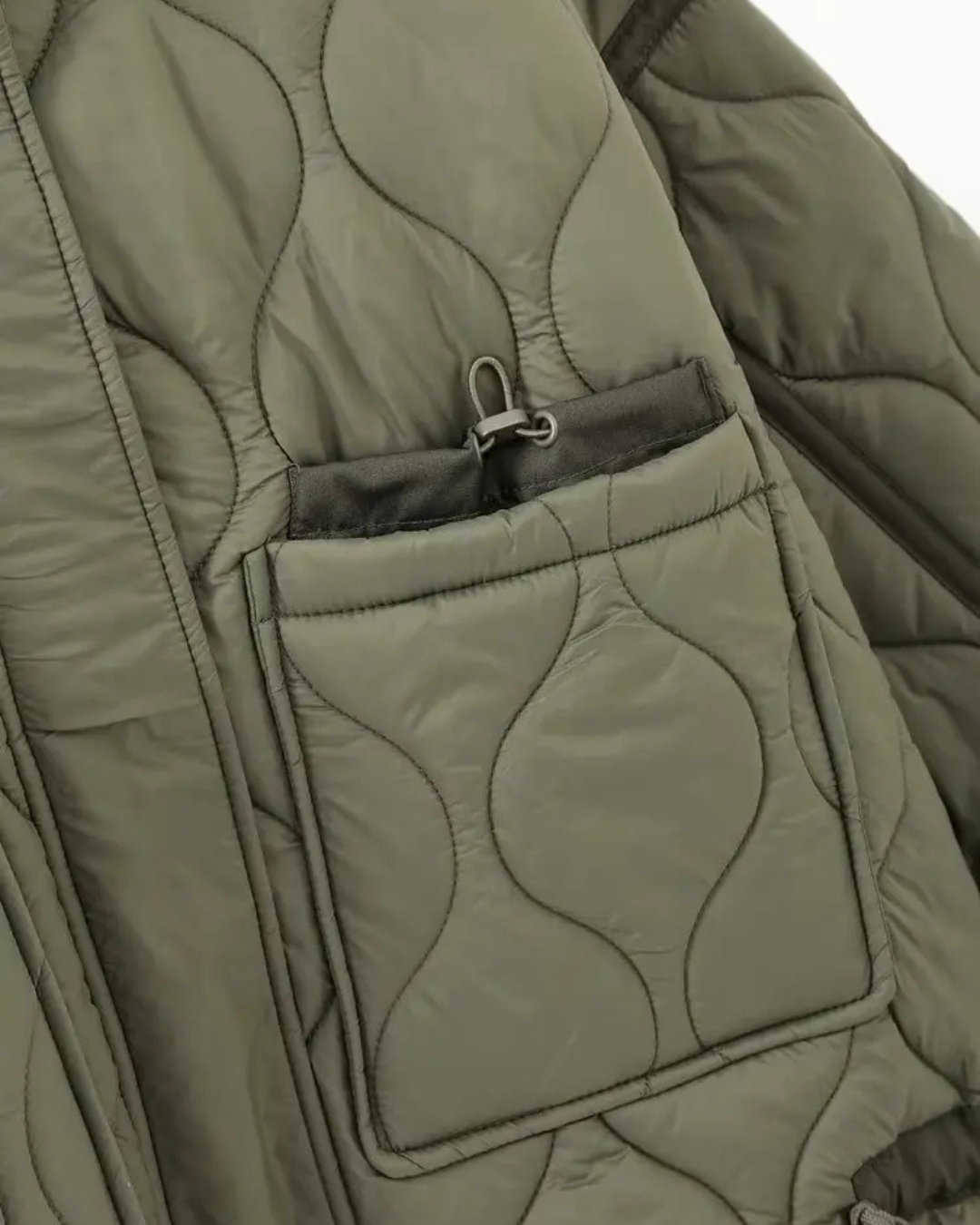 Quilted High-Neck Puffer Jacket with Drawstring in Taupe