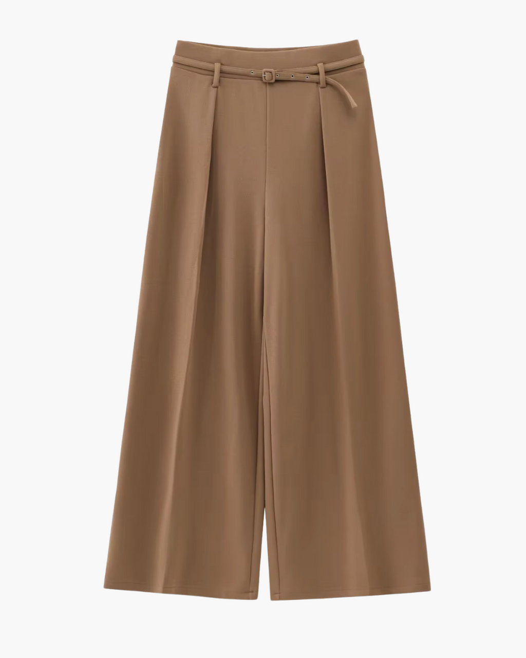 High-Waisted Belted Pleated Wide-Leg Trousers in Camel