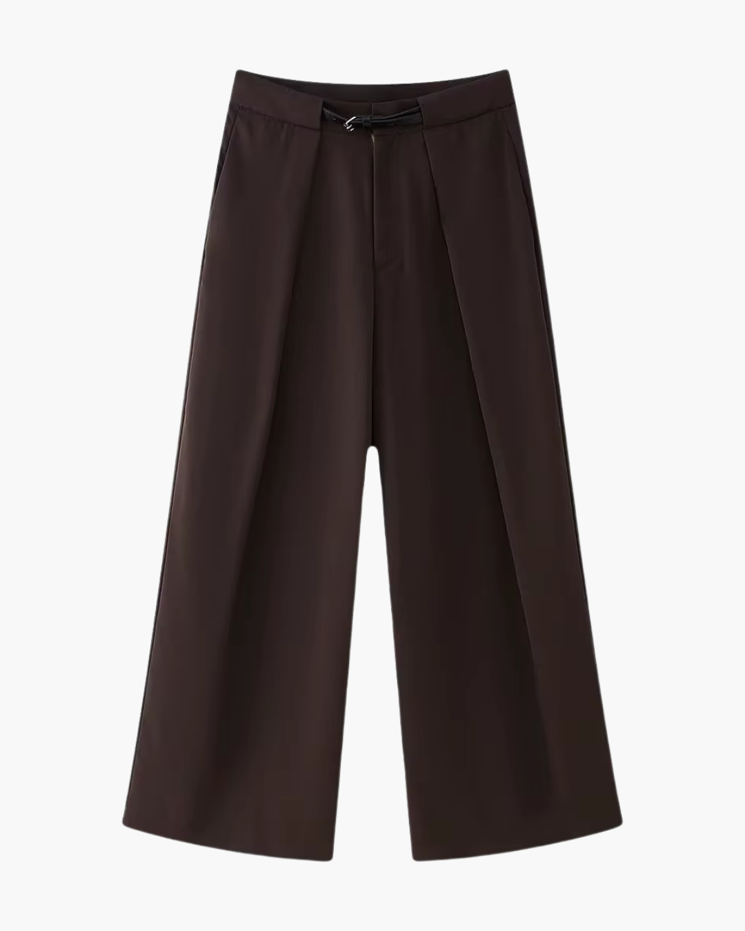 High-Waisted Belted Pleated Wide-Leg Trousers in Dark Brown