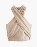 Elegante Rugloze Linnen Halter Crop Top voor Dames