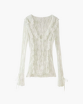 Sheer Floral Lace Ruffled Tie-Front Top in Off-White