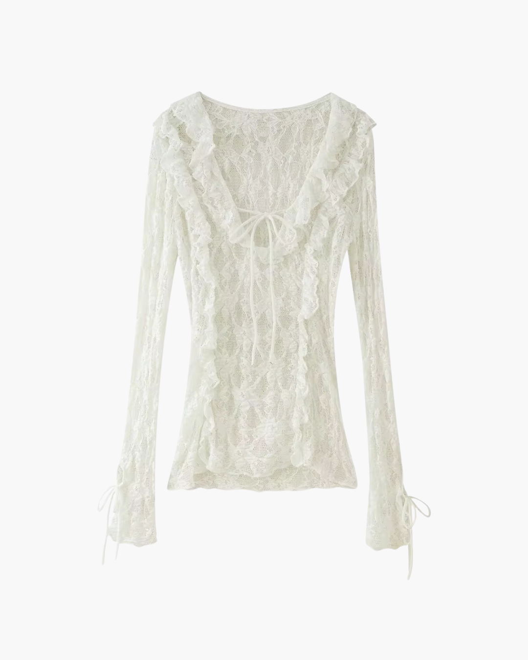 Sheer Floral Lace Ruffled Tie-Front Top in Off-White