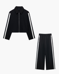 Trendy 2-Delige Set - Zijstreep Ritsjack & Wijde Broek met Elastische Taille voor Dames