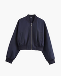 Vintage Marineblauw Bomberjack met Rits en V-Hals voor Dames