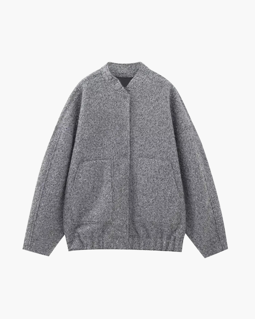 Textured Wool Blend Bomber Jacket with Pockets in Grey