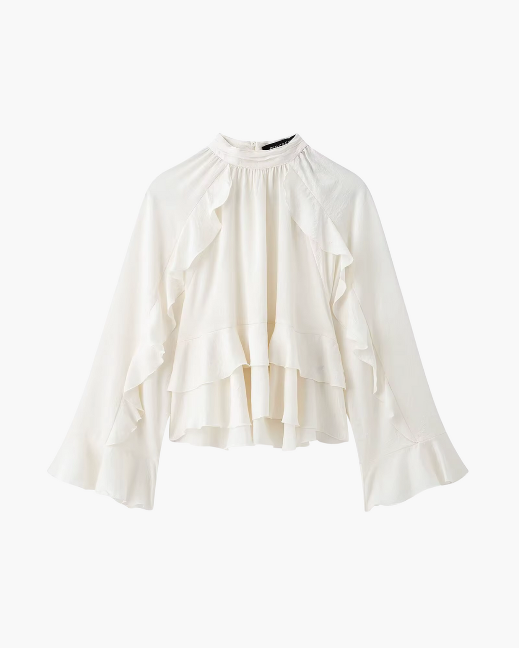 High-Neck Ruffled Chiffon Blouse in Creamy Off-White