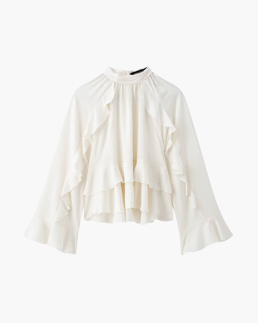 High-Neck Ruffled Chiffon Blouse in Creamy Off-White