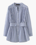 Blauw-Wit Verticaal Gestreept V-Hals Shirt Lente Herfst