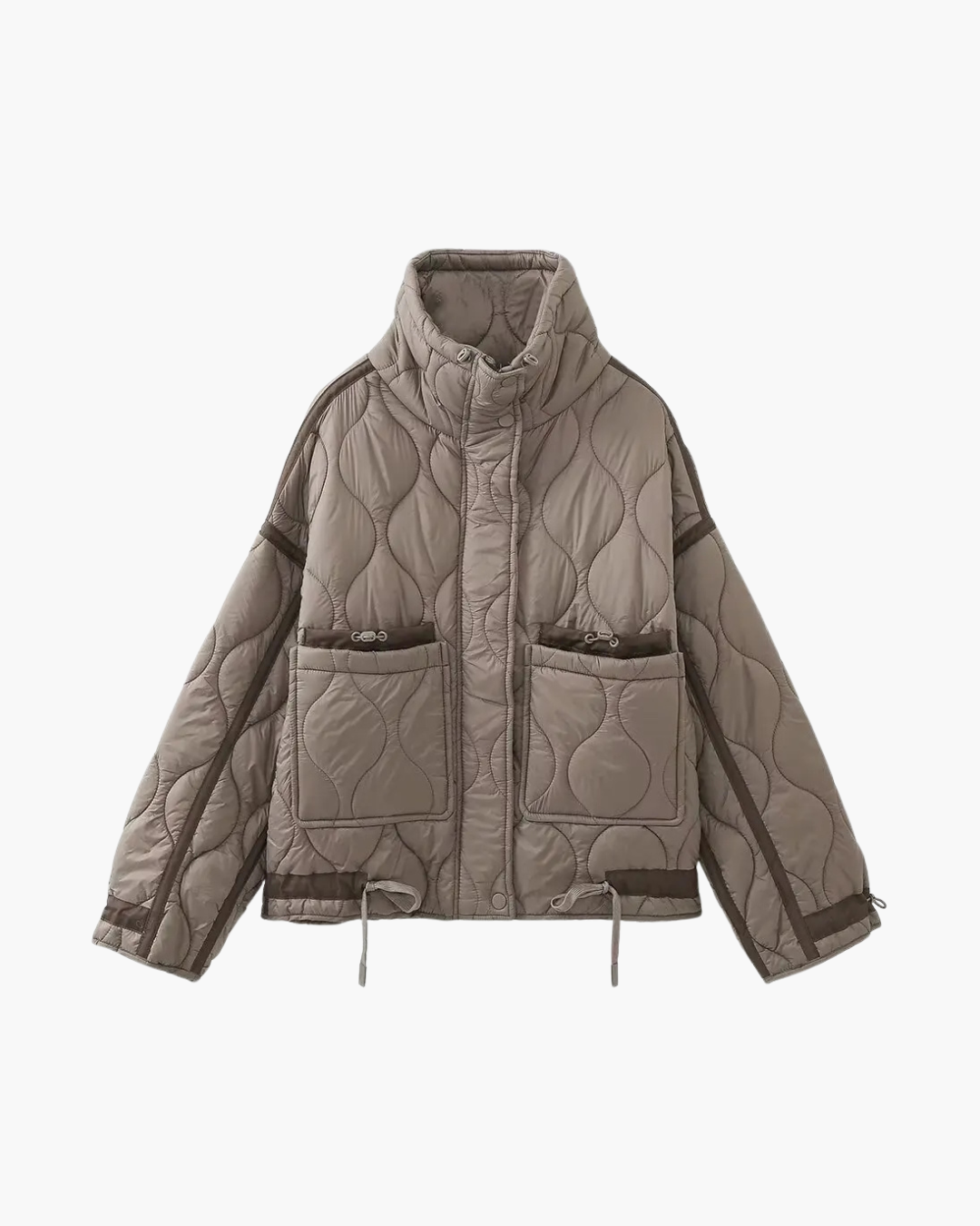 Quilted High-Neck Puffer Jacket with Drawstring in Taupe