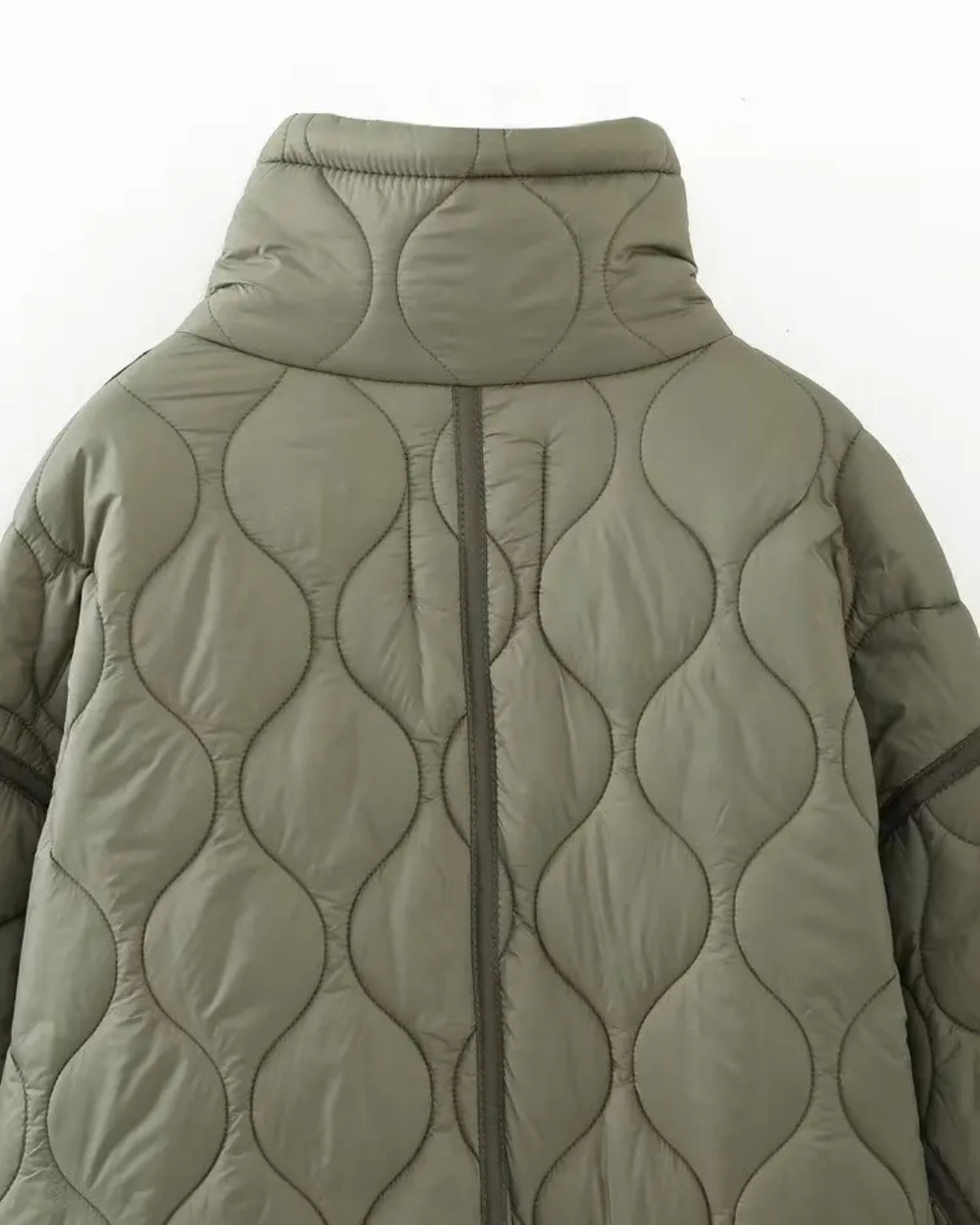 Quilted High-Neck Puffer Jacket with Drawstring in Taupe