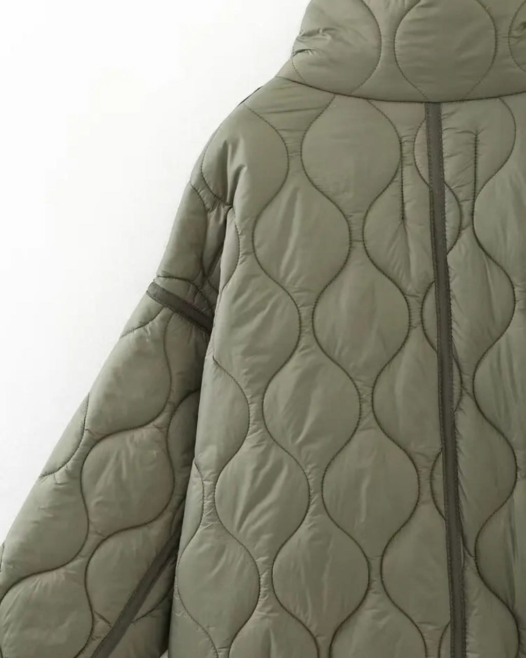 Quilted High-Neck Puffer Jacket with Drawstring in Taupe