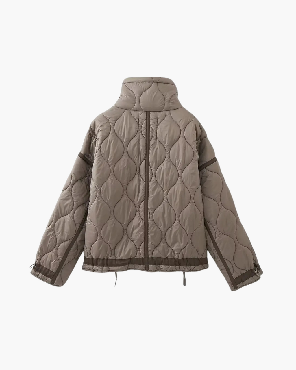 Quilted High-Neck Puffer Jacket with Drawstring in Taupe
