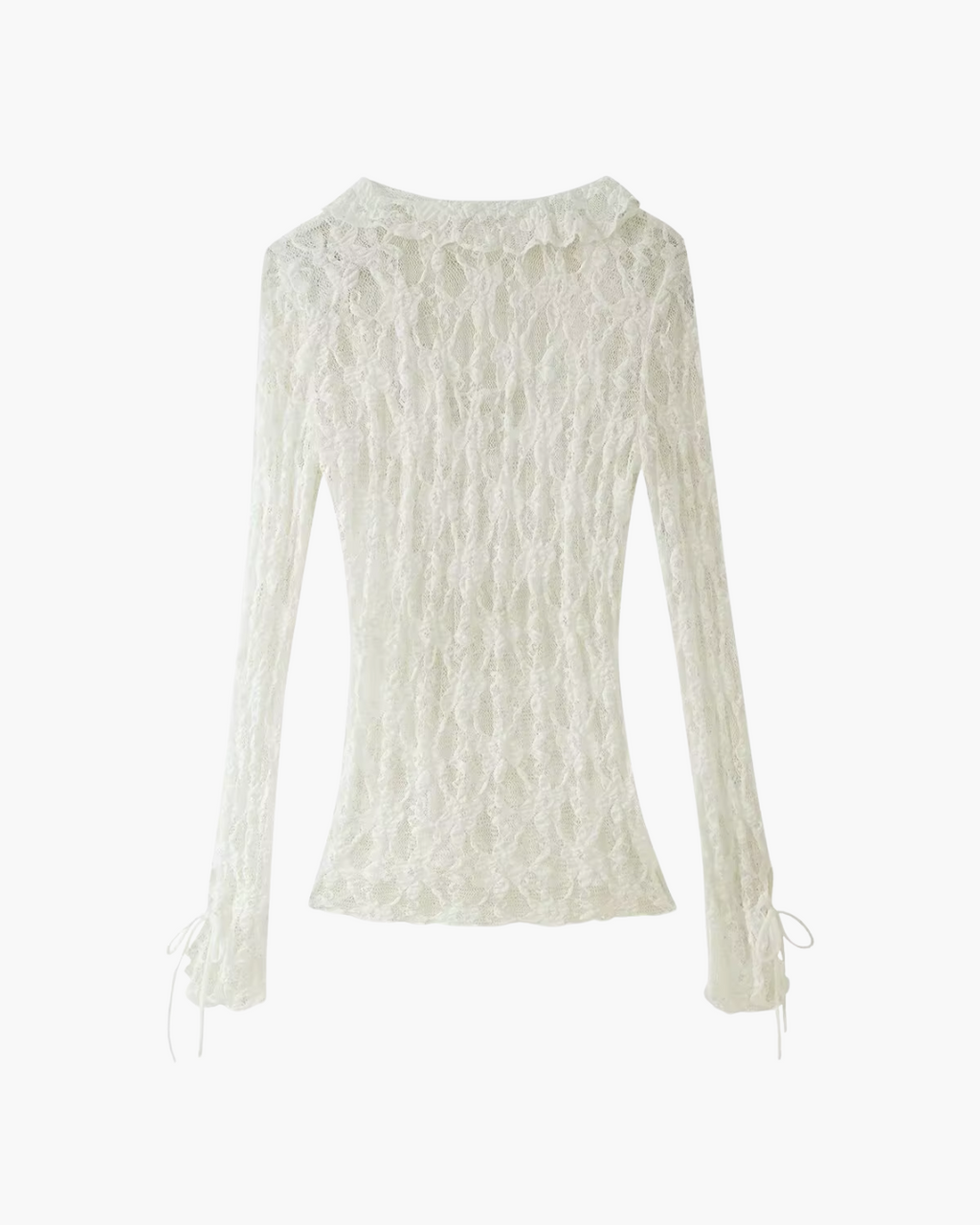 Sheer Floral Lace Ruffled Tie-Front Top in Off-White