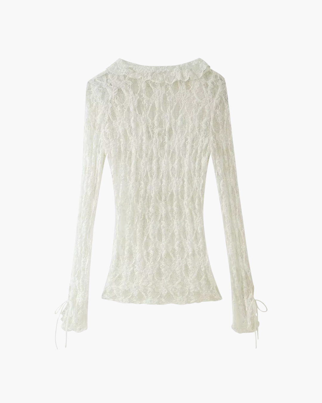 Sheer Floral Lace Ruffled Tie-Front Top in Off-White