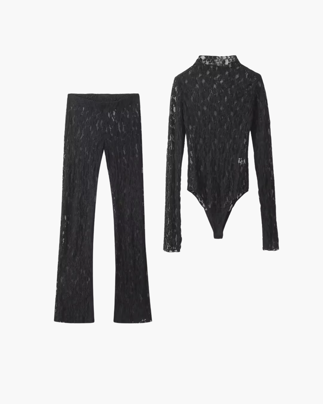 Gebloemde Zwarte Kanten Top en Broek Set voor Dames