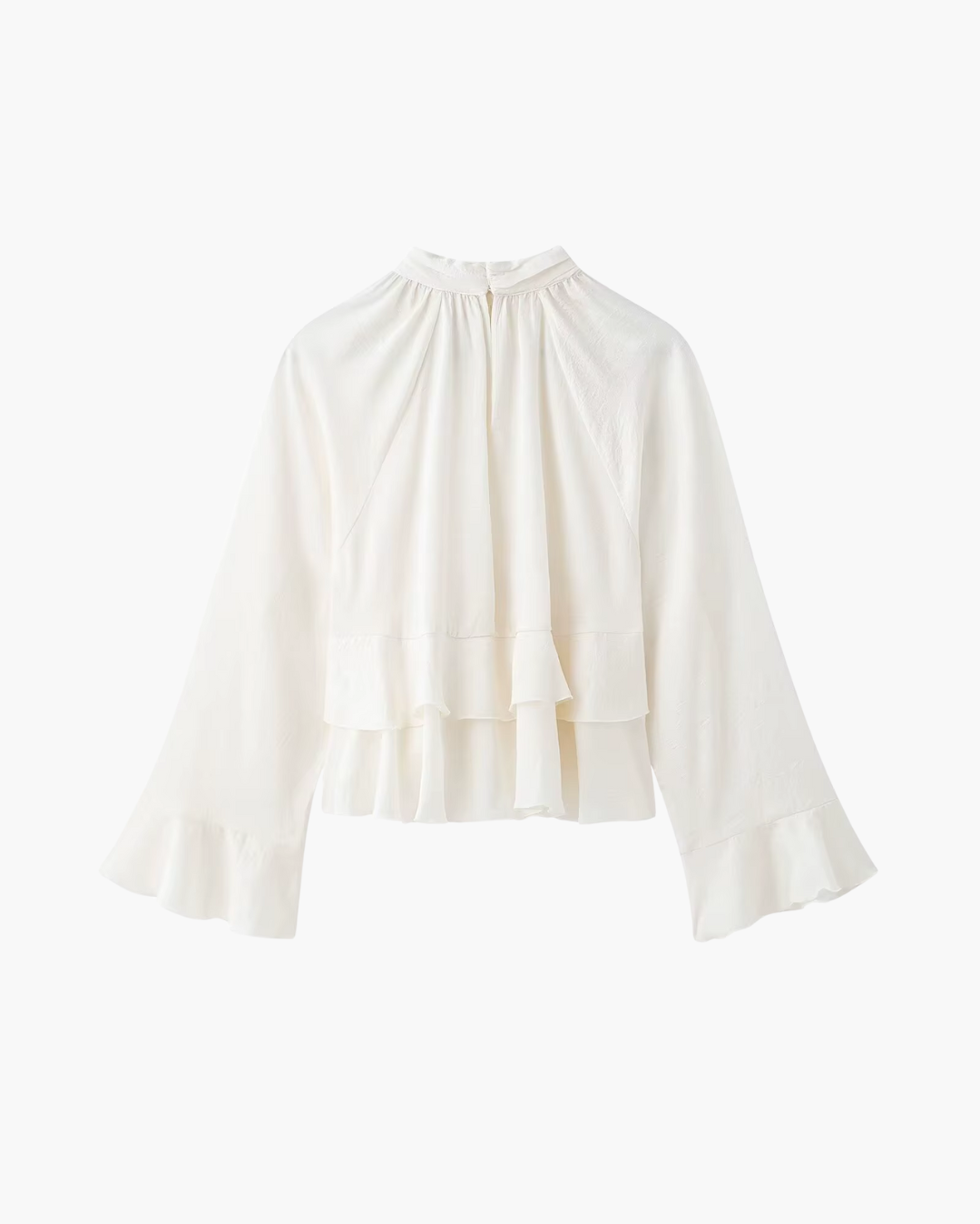High-Neck Ruffled Chiffon Blouse in Creamy Off-White