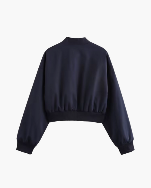 Vintage Marineblauw Bomberjack met Rits en V-Hals voor Dames