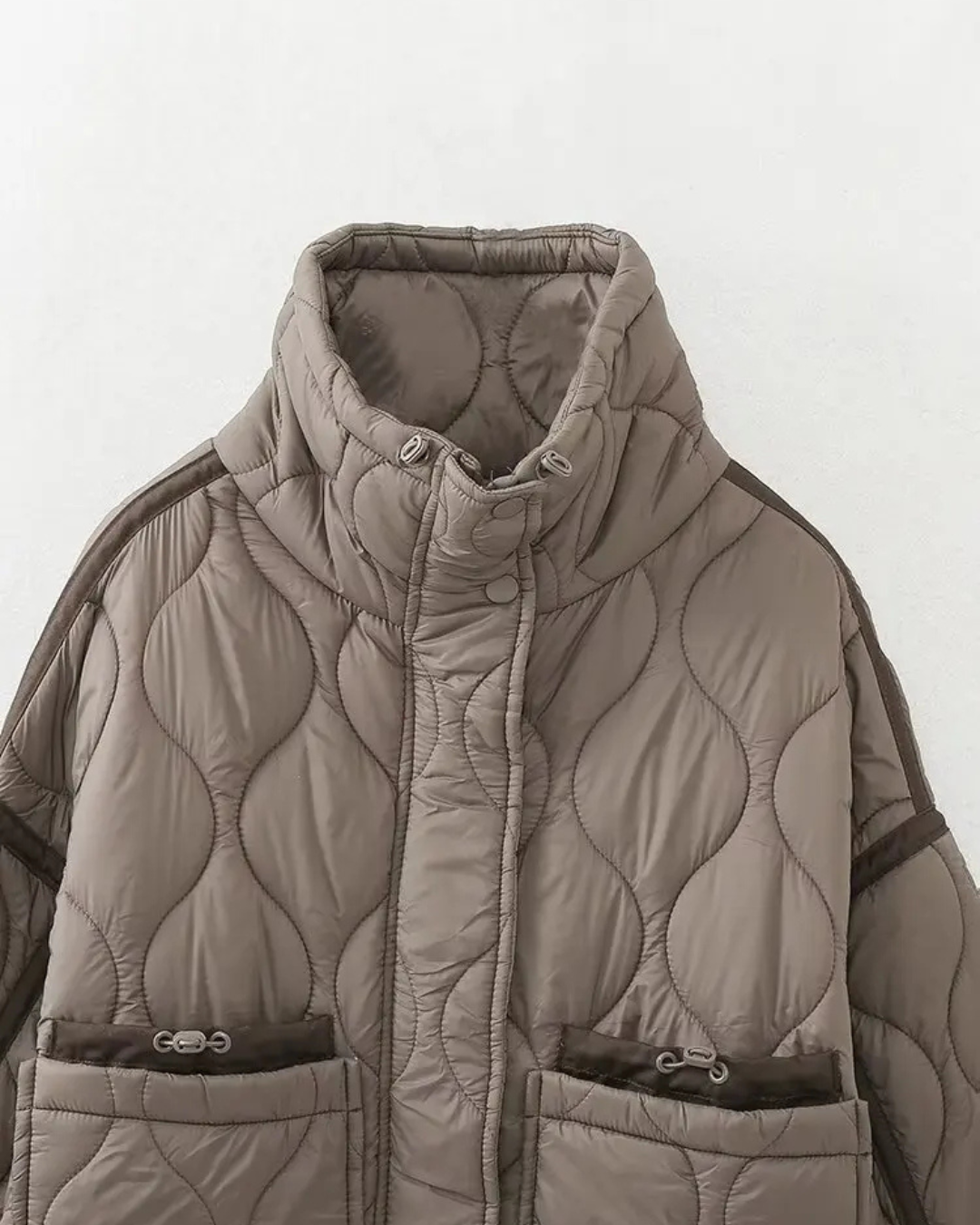 Quilted High-Neck Puffer Jacket with Drawstring in Taupe