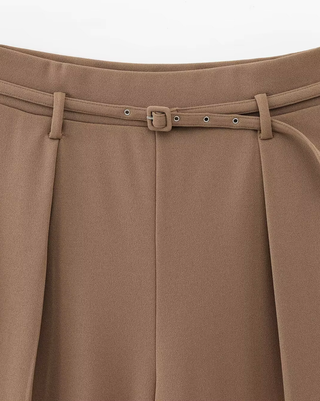 High-Waisted Belted Pleated Wide-Leg Trousers in Camel