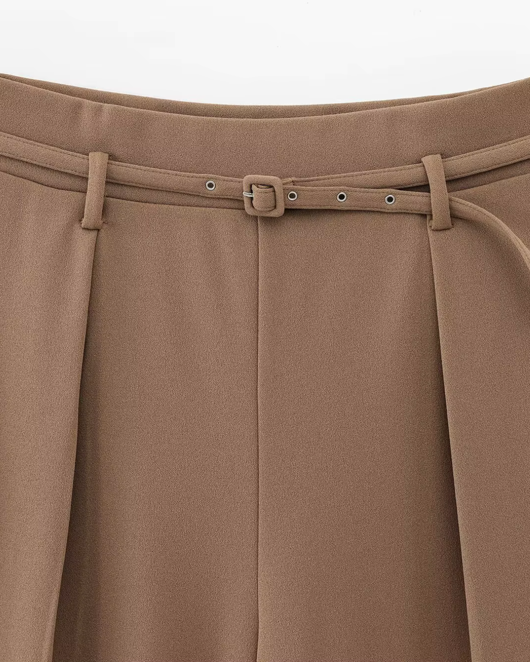 High-Waisted Belted Pleated Wide-Leg Trousers in Camel