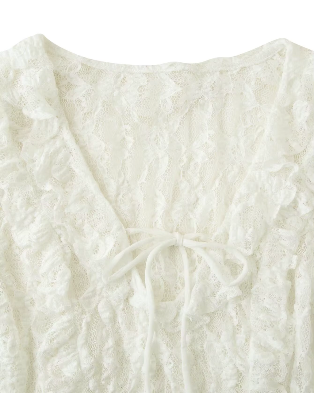 Sheer Floral Lace Ruffled Tie-Front Top in Off-White