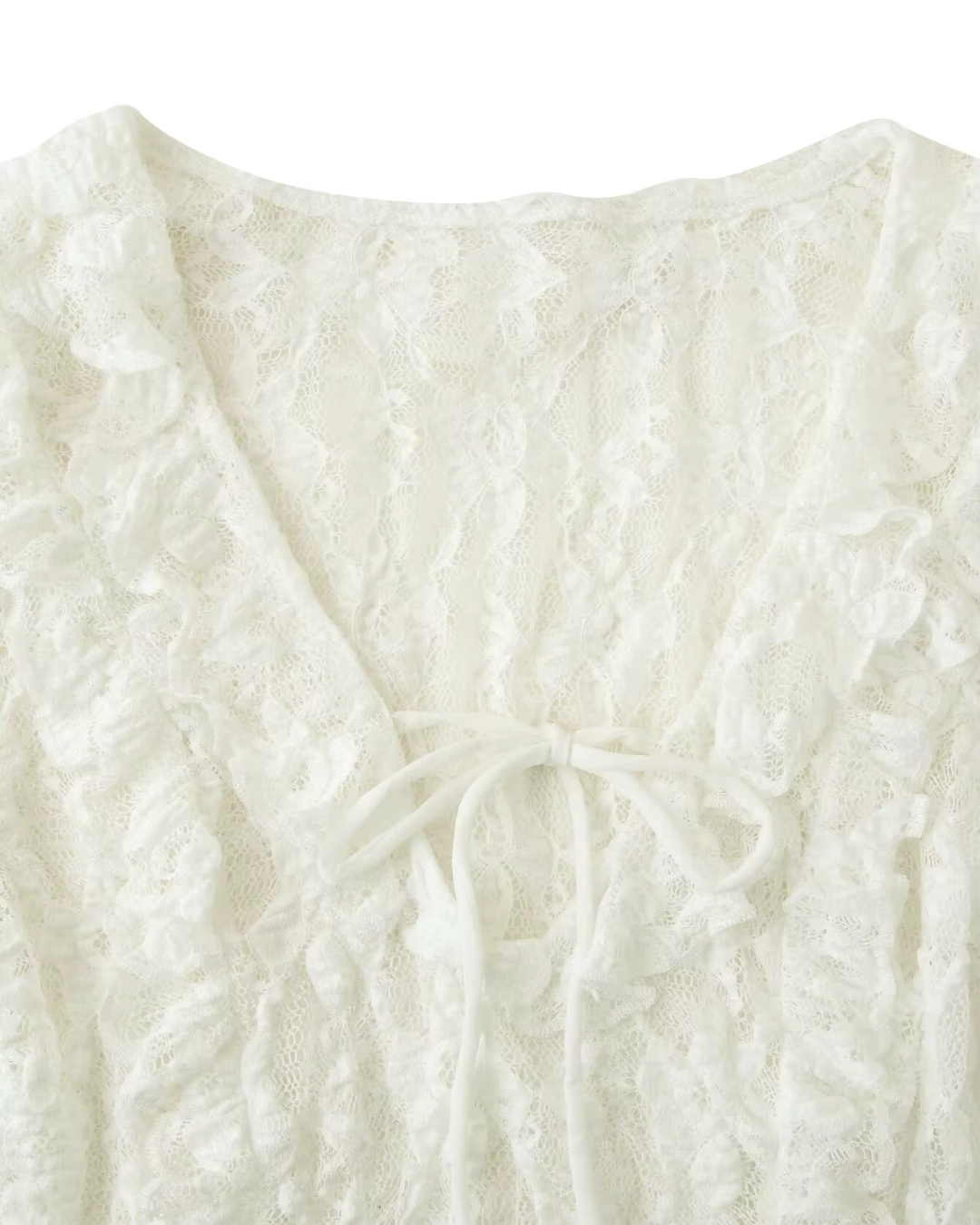 Sheer Floral Lace Ruffled Tie-Front Top in Off-White