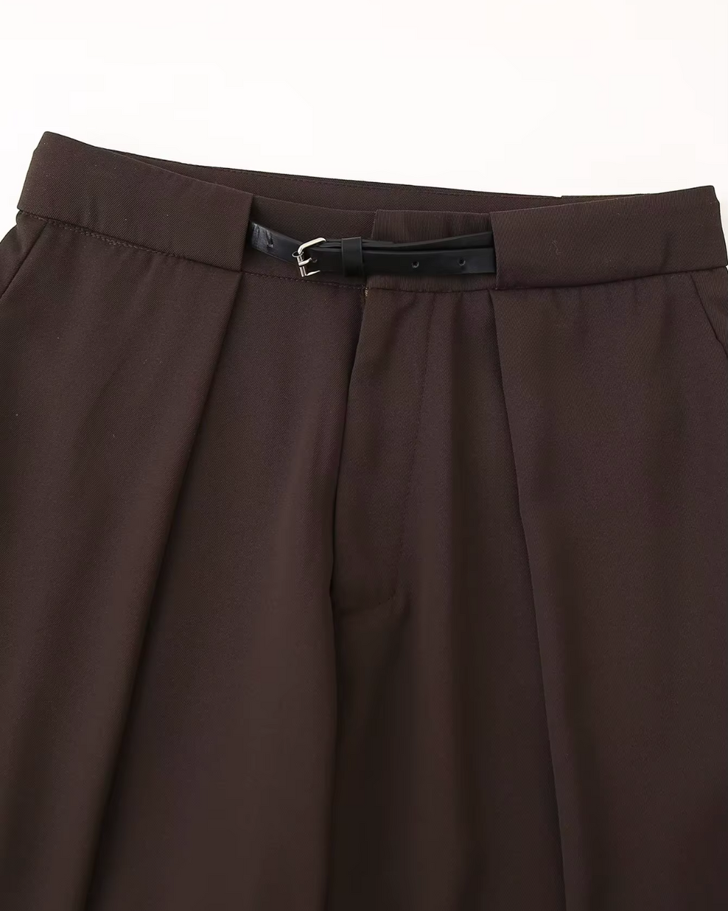 High-Waisted Belted Pleated Wide-Leg Trousers in Dark Brown