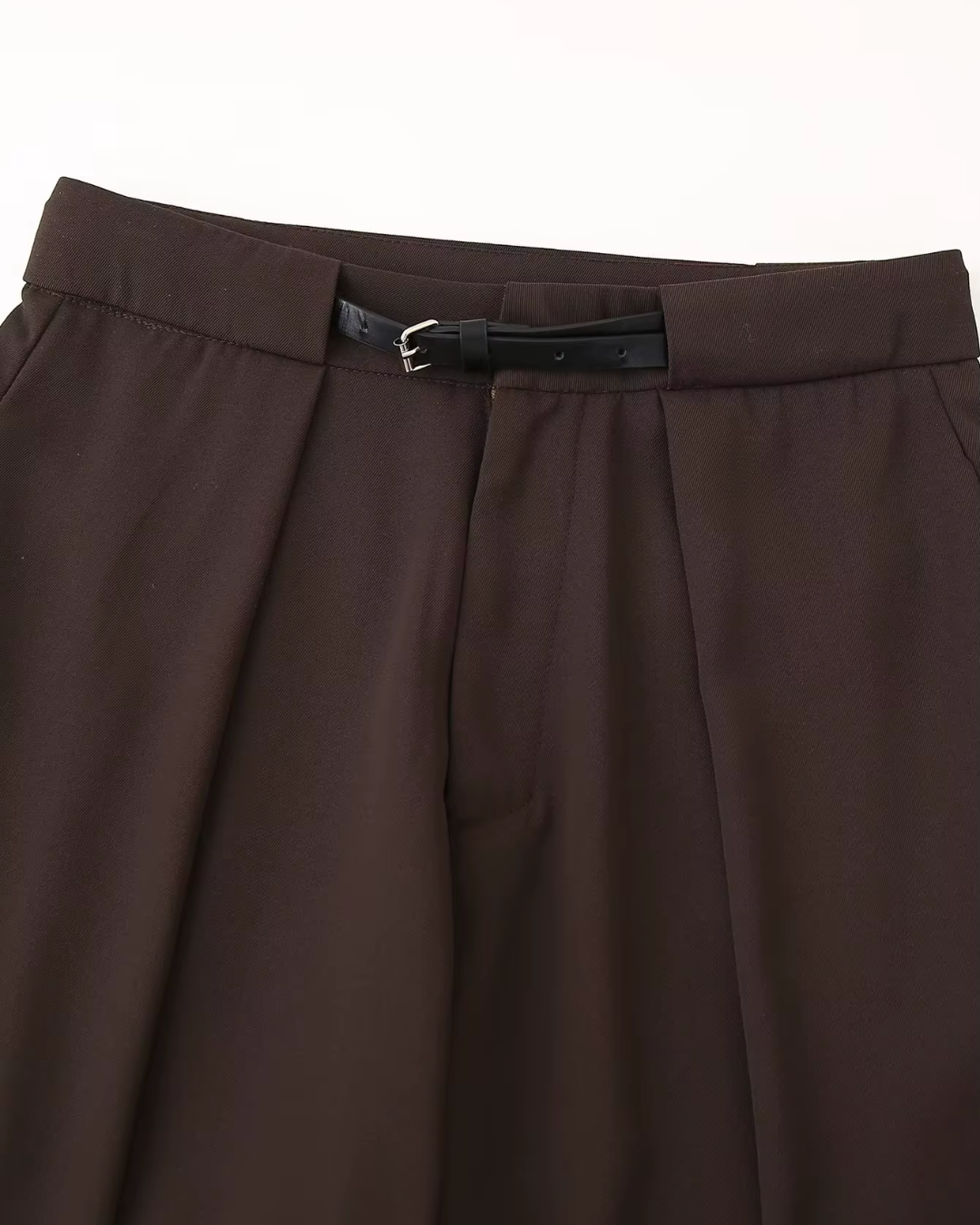 High-Waisted Belted Pleated Wide-Leg Trousers in Dark Brown