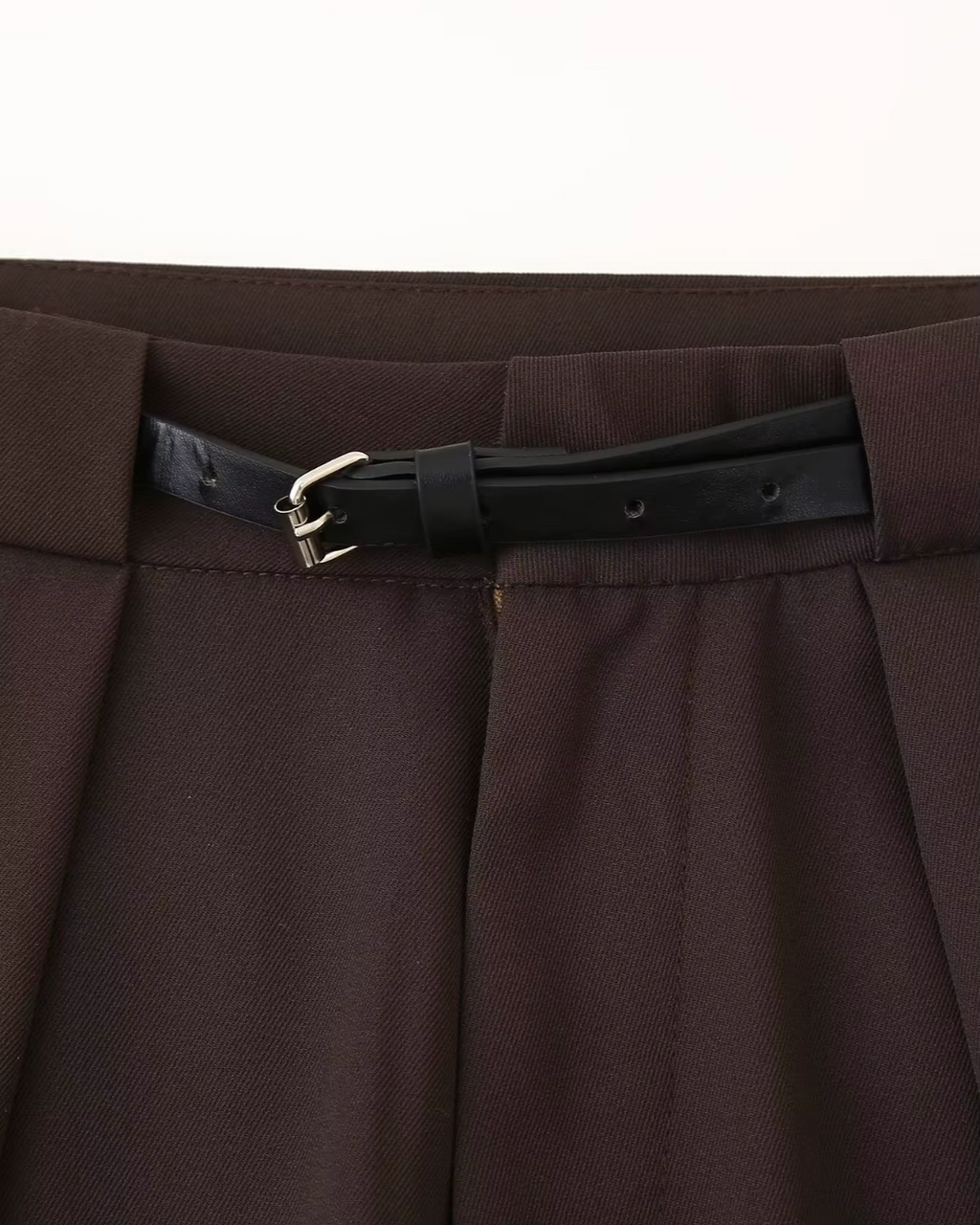 High-Waisted Belted Pleated Wide-Leg Trousers in Dark Brown