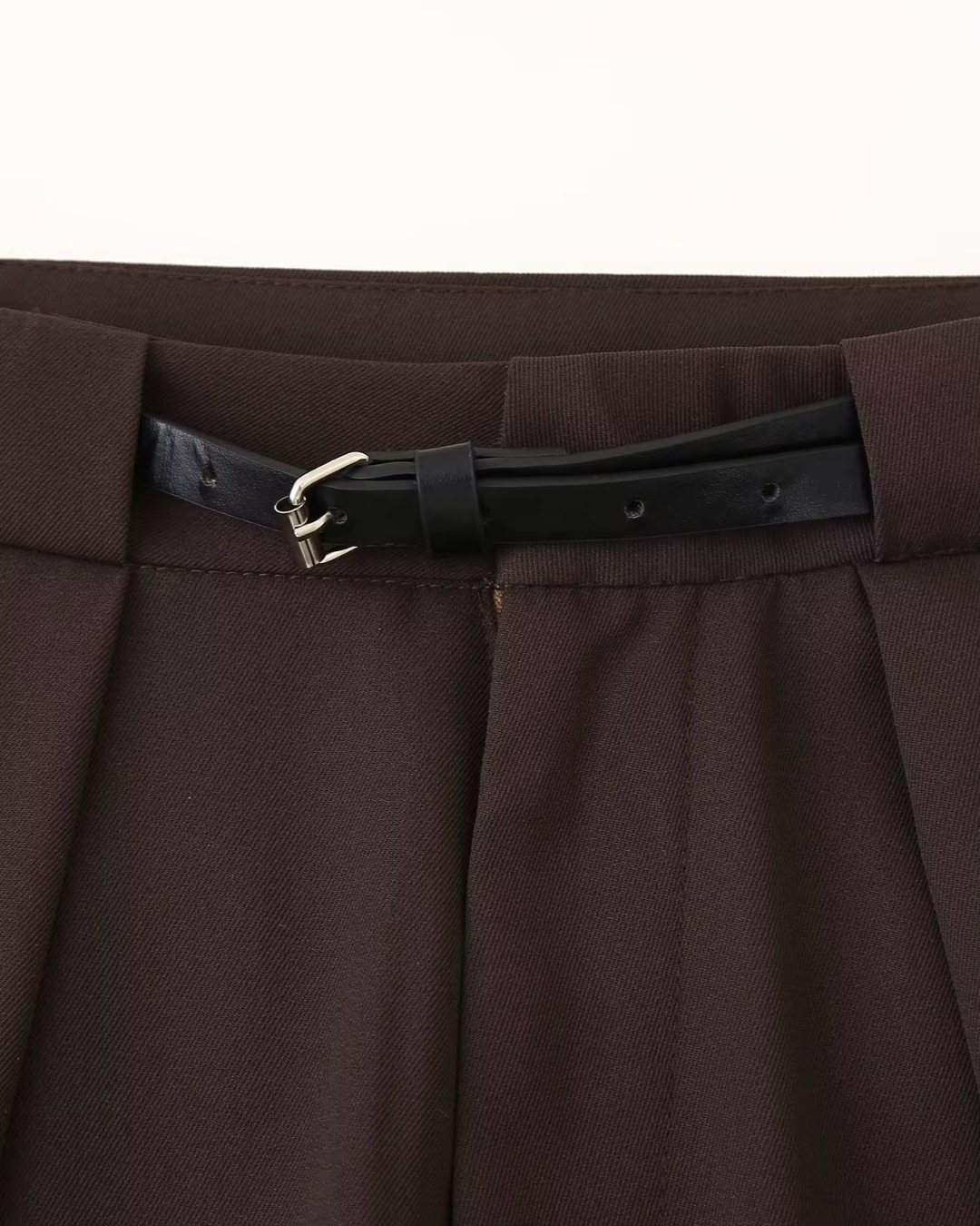 High-Waisted Belted Pleated Wide-Leg Trousers in Dark Brown