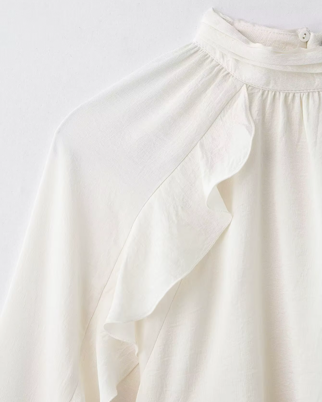 High-Neck Ruffled Chiffon Blouse in Creamy Off-White