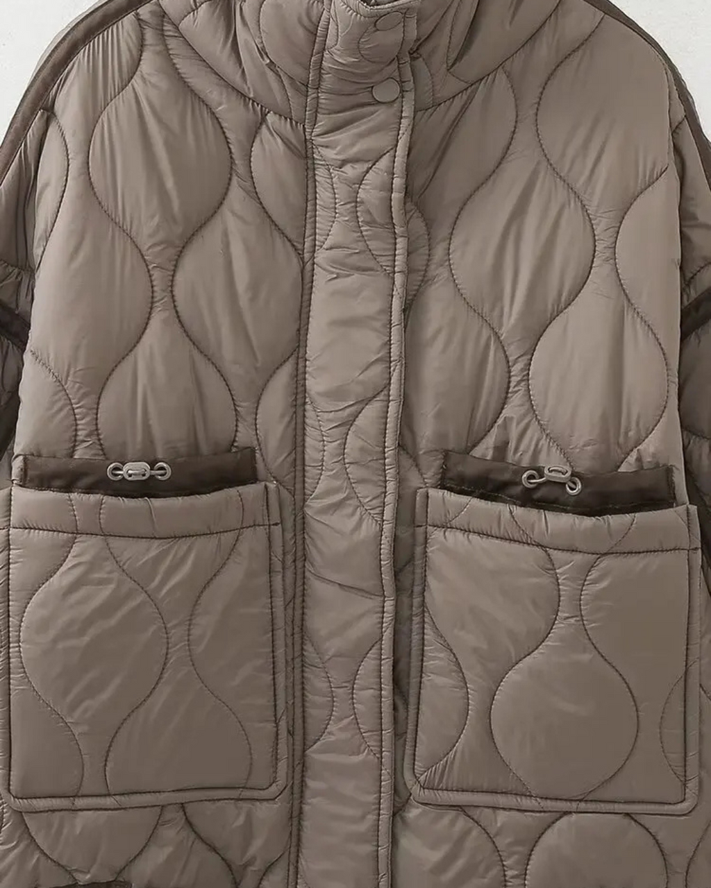 Quilted High-Neck Puffer Jacket with Drawstring in Taupe