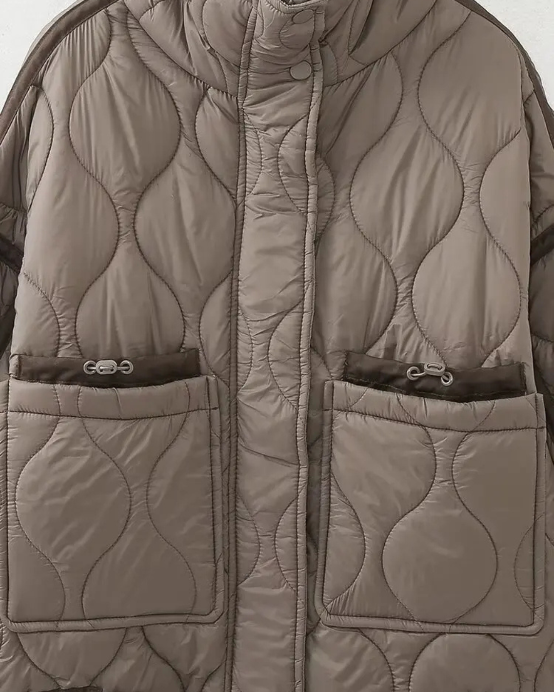 Quilted High-Neck Puffer Jacket with Drawstring in Taupe