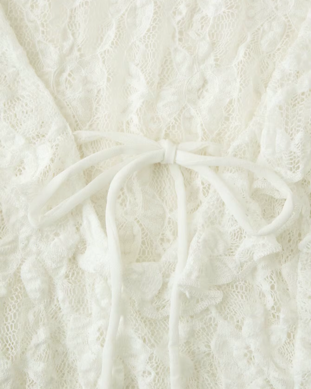 Sheer Floral Lace Ruffled Tie-Front Top in Off-White