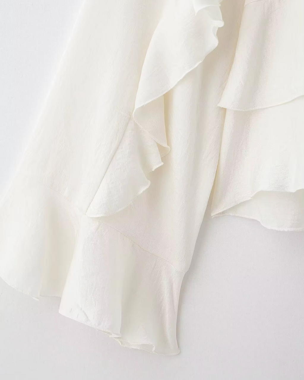 High-Neck Ruffled Chiffon Blouse in Creamy Off-White