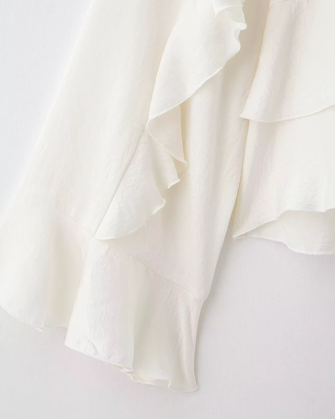 High-Neck Ruffled Chiffon Blouse in Creamy Off-White
